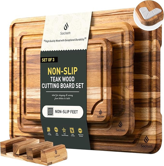 3 Pack Teak Wood Cutting Board Set for Kitchen Charcuterie Board Serving Heavy Duty Non Toxic Slip Over Sink Solid Thick Haus Wooden Chopping Board Large Big Small Meat Best Kitchen Essential Gift by Socisen
