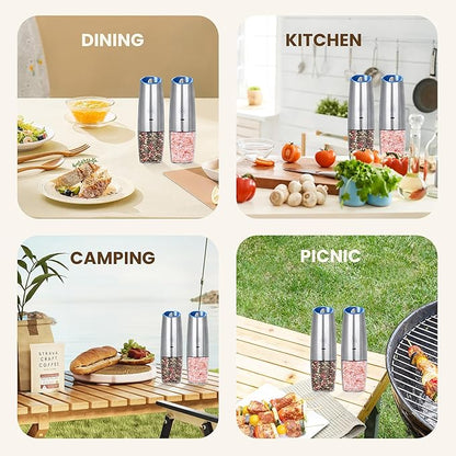 Rechargeable Electric Salt And Pepper Grinder Set, Automatic Gravity Electric Salt And Pepper Grinder Set, Adjustable Roughness, Led Light, 2 Pack, (Silver) - Image 7