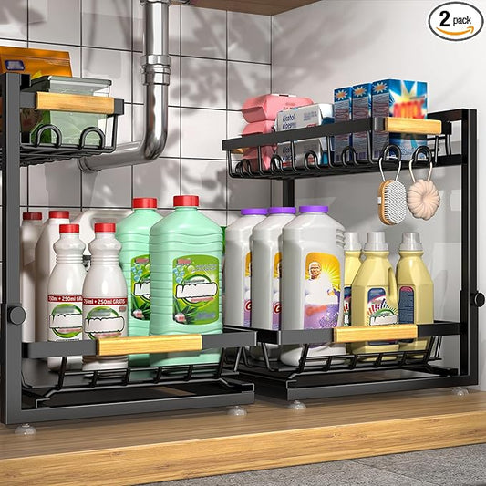 Sevenblue 2 Packs Under Sink Organizer, Height Adjustable 2 Tier Under Kitchen Sink Organizer, Multi-Purpose Storage Shelf for Kitchen Bathroom Cabinet (Black, Extra Large) by Sevenblue