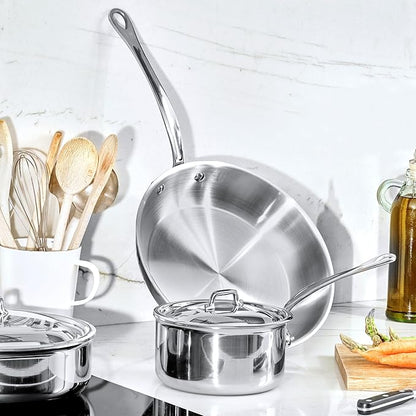 Mauviel M'Cook 5-Ply Polished Stainless Steel Sauce Pan With Lid, And Cast Stainless Steel Handle, 3.4-qt, Made In France