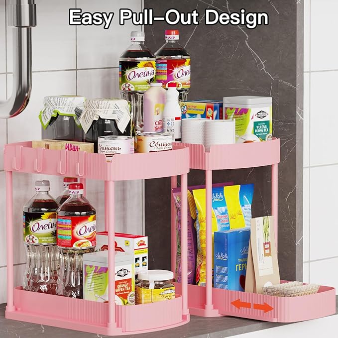 Ukeetap 2 Pack Multi-Purpose Pull-Out Storage Organizers, Under Sink & Cabinet Organizers, 12.8 Inch Pink - Image 4