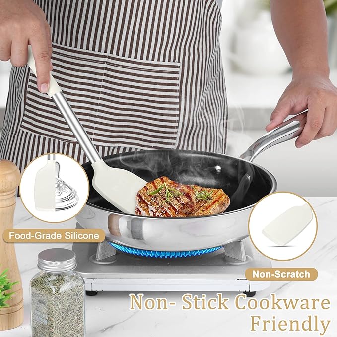 TeamFar Cooking Utensils Set, 5 Pcs Silicone Kitchen Utensils with Stainless Steel Handle, for Nonstick Cookware Flipping Frying Turning Draining, Heatproof & Healthy, Healthy & Easy Clean, White - Image 4