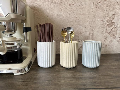 TOPYOKK Stoneware Coffee Bar Utensil Holder Tea & Coffee Spoon & Stirrer Holder for Stir Stick Straw Teaspoon Holder Spoon Cup Small Utensil Jar Fluted Vertical Stripe (Speckled Beige) - Image 2
