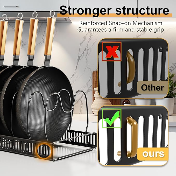 Pots and Pans Organizer Rack for Under Cabinet Expandable Pot Lid holders inside Organizer 10 Adjustable Divider Pan organizer 11.81''-22.85'' Pan lid organizer for cabinet Organizer for Bakeware - Image 6