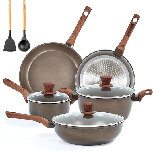 10 Pcs Pots and Pans Set Non Stick, Kitchen Cookware Sets with Frying Pans, Saucepans, Steamer Compatible with All Stoves Restaurant,Black by RATWIA