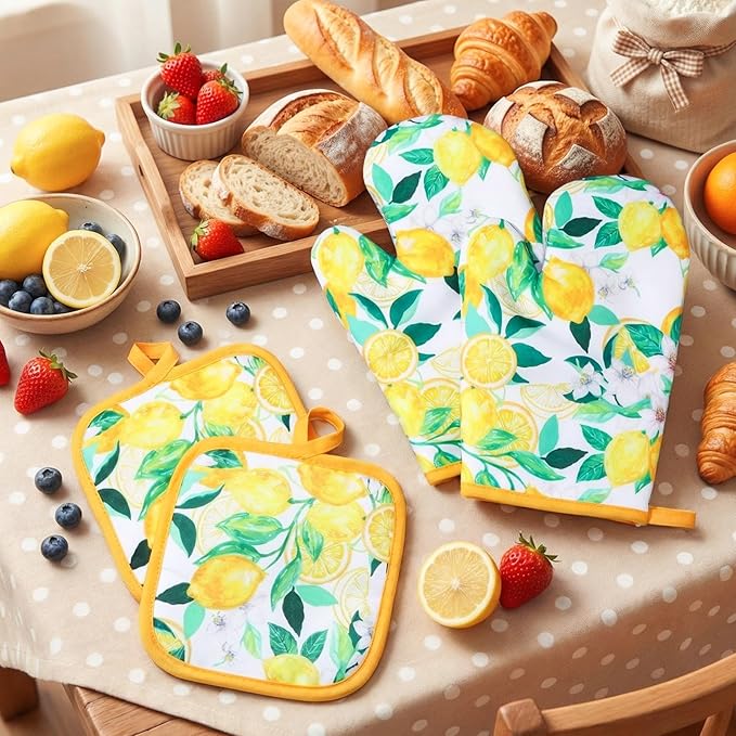 4 Pcs Oven Mitts and Pot Holders Cute Lemon Oven Gloves and Pot Holders Heat Resistant Non Slip Ovens Mitts for Cooking Baking Accessories Fruit Themed Kitchen Linens, 6"x12" - Image 3