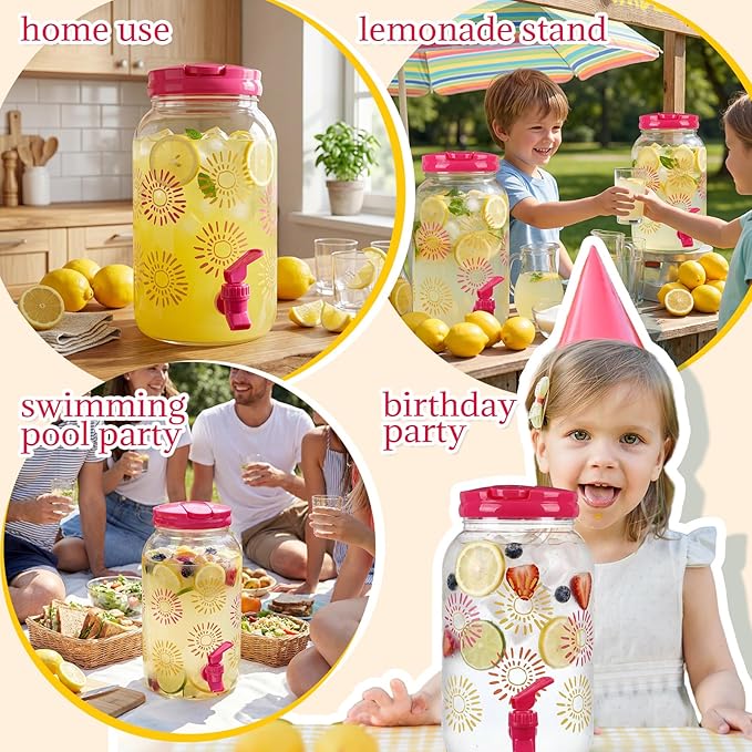 Havawish 2 Pcs 1 Gallon Plastic Beverage Dispenser with Spigot Clear Summer Kitchen Fridge Drink Dispenser for Parties Lemonade Juice Tea Beer Cold Water (Hot Pink,Sun)