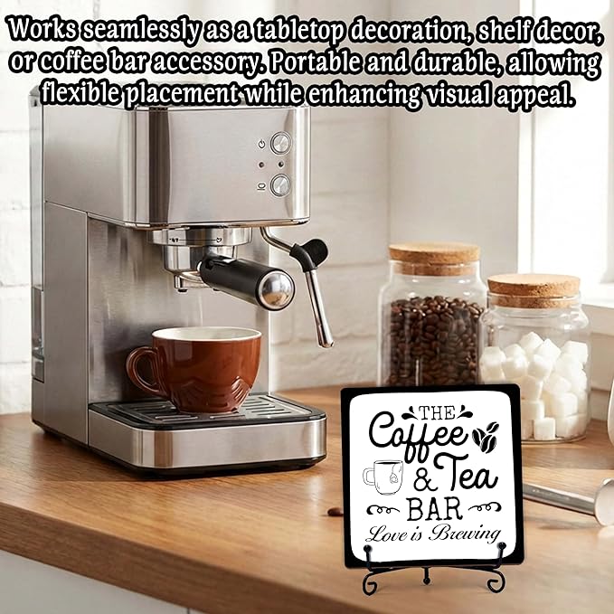 Coffee Bar Sign, Love is Brewing Farmhouse Tabletop Decor, Coffee and Tea Lover Gifts, 5x5 Wood Plaque with Iron Stand for Home Kitchen Cafe, Coffee Bar Decor – L06 - Image 4