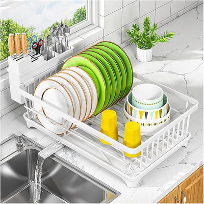 Kmiectse Dish Drying Rack - Space-Saving Small Dish Rack for Kitchen Counter, Rust-Resistant Kitchen Drying Rack, Compact Dish Drainer Organizer with Utensil Holder for Home Kitchen, White by Kmiectse