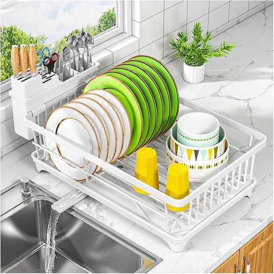 Kmiectse Dish Drying Rack - Space-Saving Small Dish Rack for Kitchen Counter, Rust-Resistant Kitchen Drying Rack, Compact Dish Drainer Organizer with Utensil Holder for Home Kitchen, White by Kmiectse