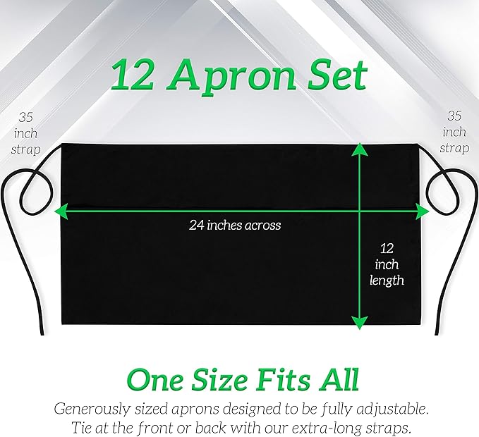 GREEN LIFESTYLE Server Aprons with 3 Pockets - Waist Apron, Waitress Apron for Women and Man, Water Resistant with Long Waist Strap Reinforced Seams, Half Apron (12 Pack - Black) - Image 4