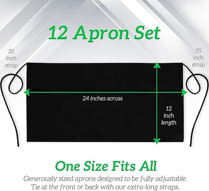 GREEN LIFESTYLE Server Aprons with 3 Pockets - Waist Apron, Waitress Apron for Women and Man, Water Resistant with Long Waist Strap Reinforced Seams, Half Apron (12 Pack - Black) - Image 4