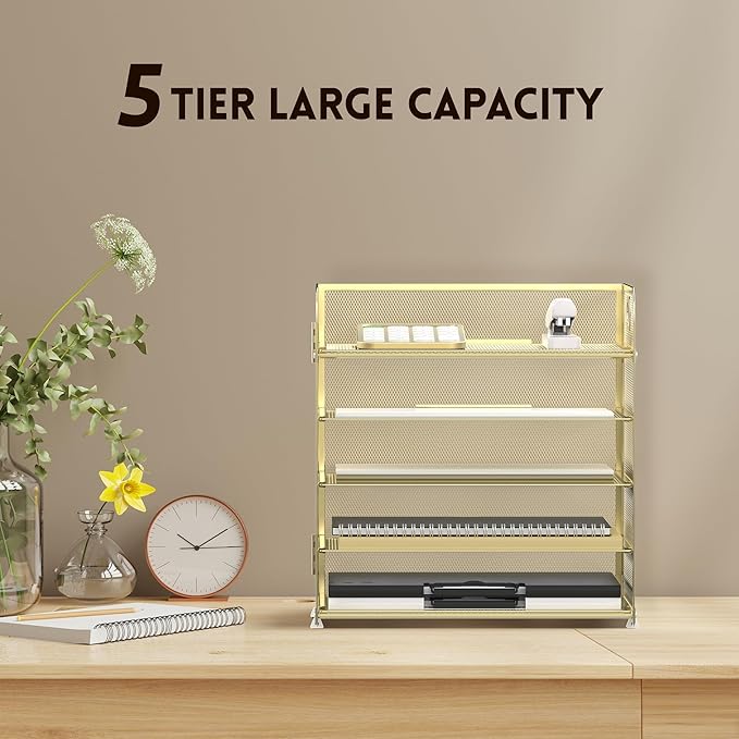 Supeasy 5 Trays Paper Organizer Letter Tray with Handle-Mesh Desk File Organizer, Paper Sorter Desk Organizer for Office, Home or School (Golden) - Image 4