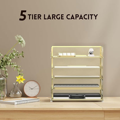 Supeasy 5 Trays Paper Organizer Letter Tray with Handle-Mesh Desk File Organizer, Paper Sorter Desk Organizer for Office, Home or School (Golden) - Image 4