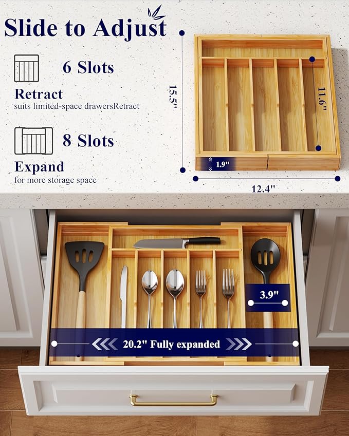 Kitsure Silverware Organizer - Expandable Bamboo Kitchen Drawer Organizer for Cooking Utensils and Cutlery, Sturdy & Thickened Kitchen Organizers and Storage Solution, X-Large, Natural - Image 2