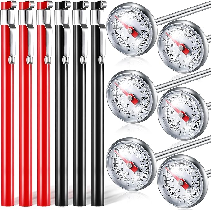 Xuhal 6 Pcs Stainless Steel Kitchen Thermometer with 5 Inch Long Stem 1 Inch Dial Thermometer Milk Frothing Food for Oven Probe Meat Grill BBQ Cooking Chocolate Water(Black, Red) by Xuhal