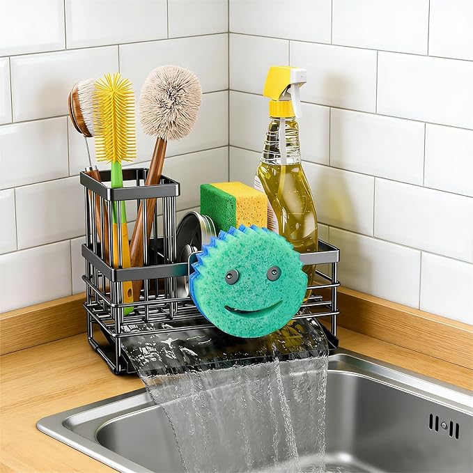 Cisily Sink Caddy with Smiley Face Sponge Holder for Kitchen with Brush Holder and Stainless Steel Self Drain Tray, Rustproof Kitchen Sink Organizer, Soap Dispenser Storage Accessories (Black) - Image 3
