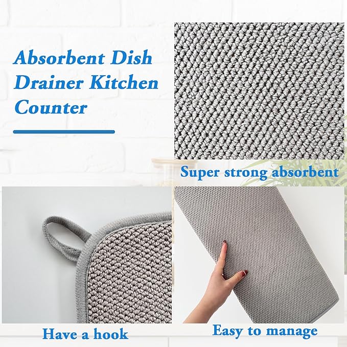 2 Pack Large Dish Drying Mat,24x17 Inch Absorbent Microfiber Dishes Drainer Mats,Dish Drying Pad for Countertops,Sinks,Draining Racks(Gray) - Image 3