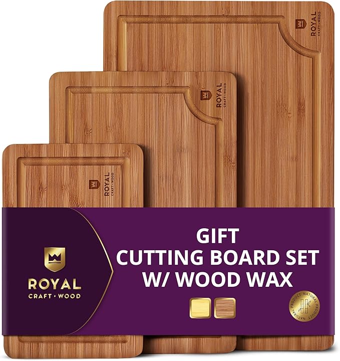 ROYAL CRAFT WOOD Wooden Cutting Boards for Kitchen Meal Prep & Serving - Bamboo Wood Serving Board Set with Deep Juice Groove Side Handles - Charcuterie & Chopping Butcher Block for Meat by RoyalCraftWood