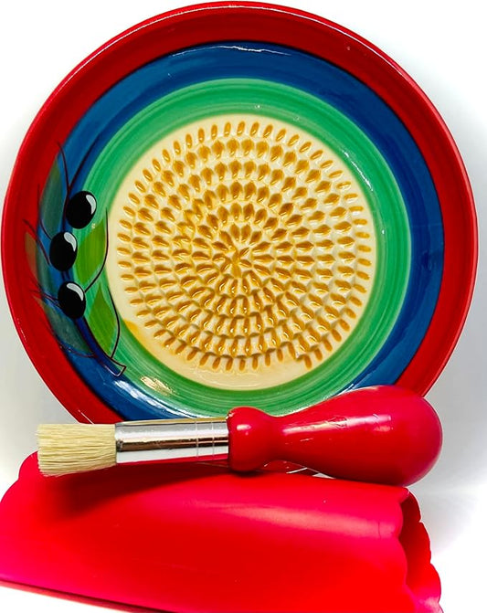 BonCera, All-in-one Premium Ceramic Garlic Grater Plate 4-Piece Set - Classic Multicolor Olive Design - For Garlic, Ginger, Chocolate, and more! - Comes with 5.25" Plate, Peeler, Brush, and Stand