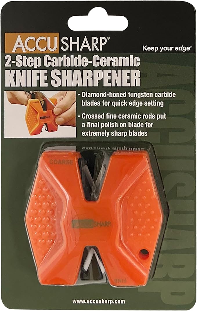 AccuSharp Pull Through Knife Sharpener Keychain, 2-Stage Sharpener for Straight or Serrated Kitchen Knives, Handheld Tool for Fishing & Hunting, Orange - Image 2