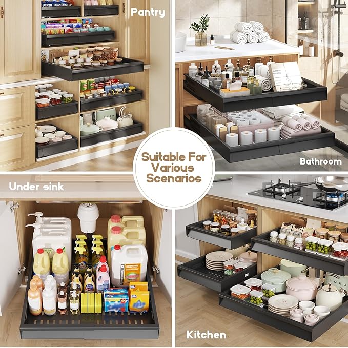 Seinloes 2 Pack Pull Out Cabinet Organizer With Raising Pad for Framed Cabinets,Expandable Width (13"-21") and Depth (17"-24"),3 Slide Rails Slide Out Drawers with Handle,No-Drill Roll Out Shelf,Black - Image 7