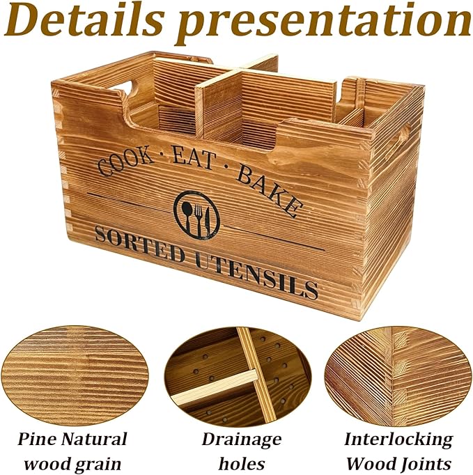 Upgraded Kitchen Utensil Holder for Counter, Extra Large Wooden Utensil Holder with Three Adjustable Combination Designs for Storage Cooking and Silverware - Image 7