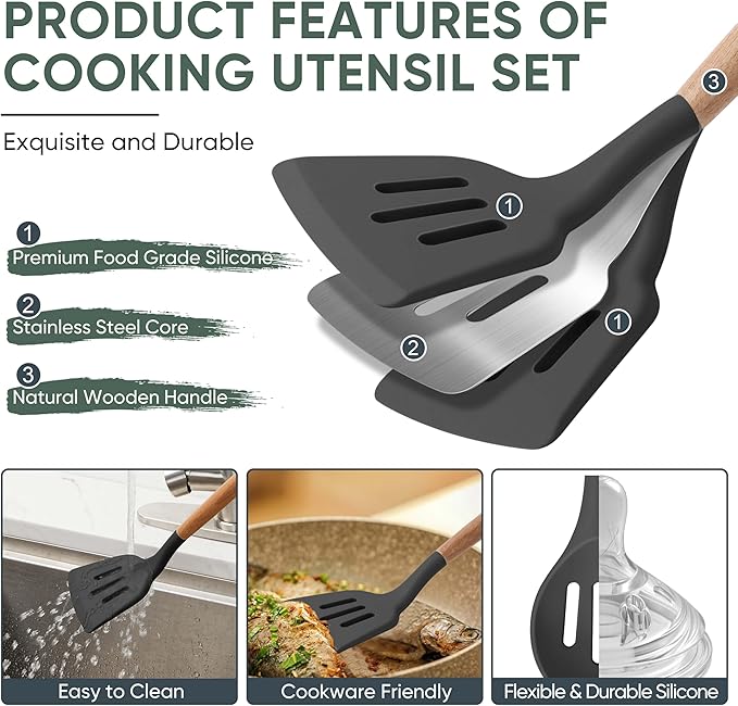 Herogo 5-Piece Cooking Utensils Set, Silicone Kitchen Utensils Set with Wooden Handle, Heat Resistant Cooking Tools Slotted Turner, Spoon, Soup Ladle, Spatula, Spoonula for Nonstick Cookware, Grey - Image 3