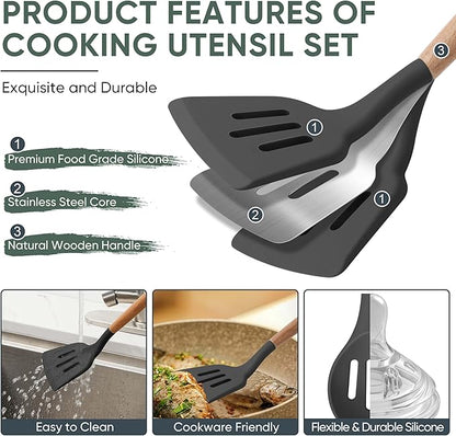 Herogo 5-Piece Cooking Utensils Set, Silicone Kitchen Utensils Set with Wooden Handle, Heat Resistant Cooking Tools Slotted Turner, Spoon, Soup Ladle, Spatula, Spoonula for Nonstick Cookware, Grey - Image 3