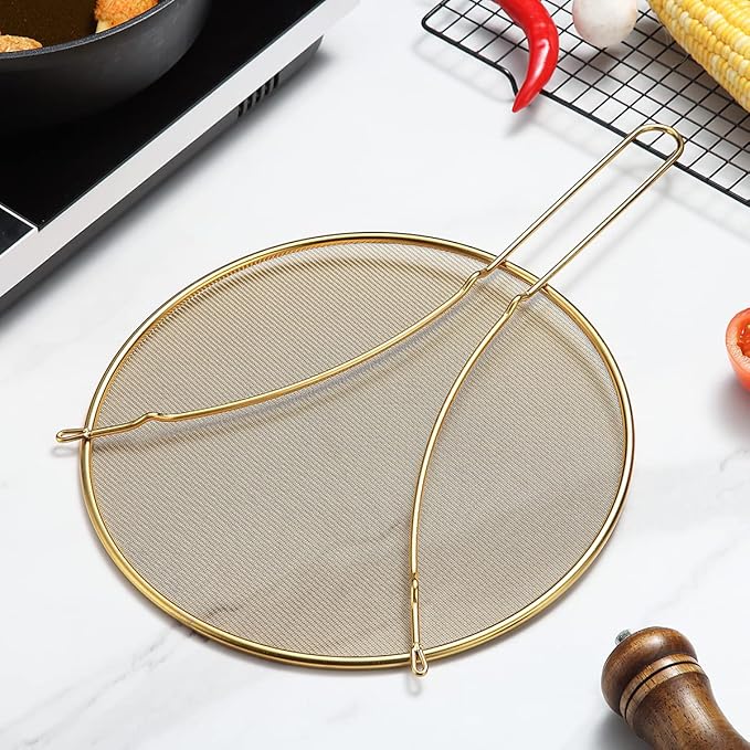 Evanda 12" Gold Splatter Screen for Cooking, Stainless Steel Fine Mesh for Frying Pan, Grease Guard for Pan to Stop Hot Oil Splatter, Protect the Skin From Burns, Safe Cooking Lid - Image 9