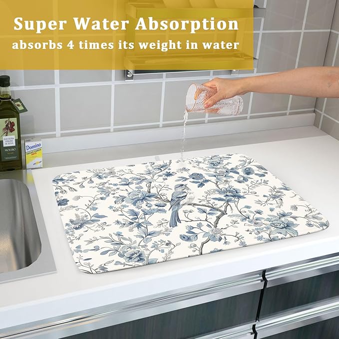 Chinoiserie Trees Dish Drying Mat for Kitchen Counter,Bule Bird Flowers Drying Mat 18 x 24 Inch with Absorbent Reversible Microfiber Drying Pad for Coffee Bar - Image 7