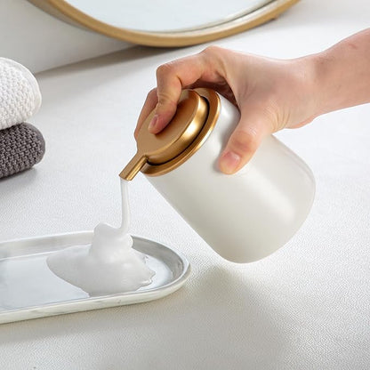 Enra Foaming Soap Dispenser,12 oz Beige Ceramic Modern Foam Hand Soap Dispenser for Bathroom,Kitchen with Easy-to-Press Pump (White Foam Gold Pump)