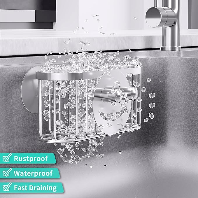HapiRm Sink Caddy Sponge Holder - 2 Installation Ways Kitchen Sink Organizer with Smiley Face Sponge Holder, Stainless Steel Kitchen Caddy - Silver - Image 4