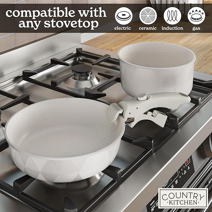 Country Kitchen Cookware Set with Removable Handle, Oven & RV Safe Pots and Pans Set, Cream Diamond, Original - Image 6