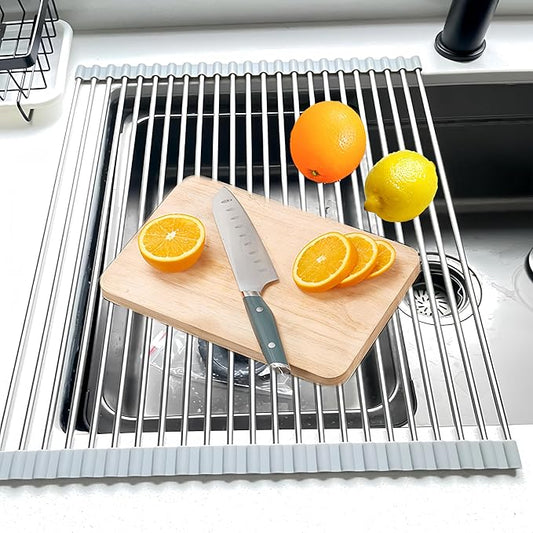 Roll Up Dish Drying Rack, 21.3" x 15.8" Over The Sink Dish Drying Rack, Kitchen Dish Rack Foldable Dish Drainer, Stainless Steel Dish Drying Rack for Kitchen Sink Counter Storage (Grey)