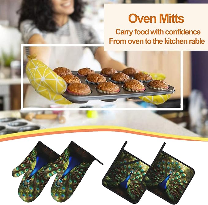 Peacock Pattern Oven Gloves and Hot Pads Set - Heatproof Hand Protection for Baking, Grilling, Cooking 4Pcs