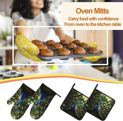 Peacock Pattern Oven Gloves and Hot Pads Set - Heatproof Hand Protection for Baking, Grilling, Cooking 4Pcs