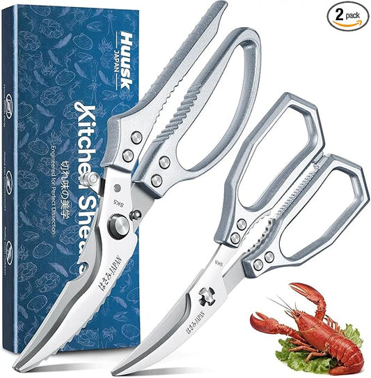 HUUSK Silver Kitchen Scissors Set - Heavy Duty Kitchen Shears for Poultry & Sharp Seafood Scissors for Crab, Shrimp, Lobster, Nuts - Christmas Gift for Men and Women