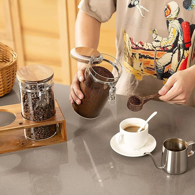 Yangbaga Glass Coffee Container with Wooden Shelf,2×45OZ Coffee and Sugar Container Set,Coffee Canisters with Airtight Lids and Scoop,Large Capacity Food Storage Jars for Coffee Beans,Nuts,Tea,Sugar - Image 5