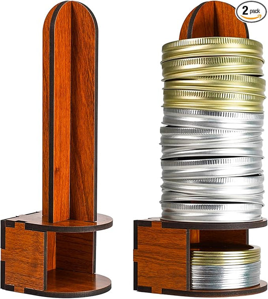 Canning Lid Rack Organizer, 2-Pack Wooden Holder for Regular & Wide Mouth Mason Jar Lids, Space-Saving Kitchen Countertop Storage Accessory