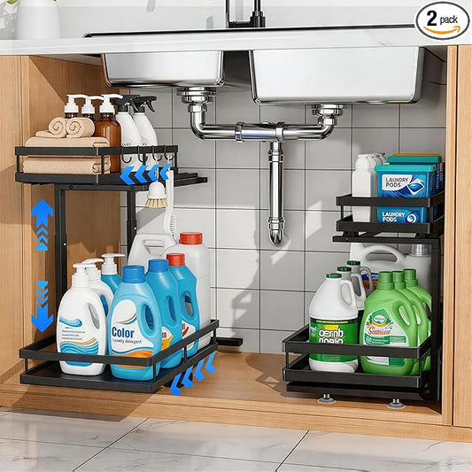 Under Sink Organizer, Dual-Rail Ball-Bearing, Under Kitchen Sink Organizer, 6-Level Adjustable, Under Cabinet Organizer, No-Drill Adhesive/Suction, Under Sink Storage (Black, Double Layer - 2 Pack)