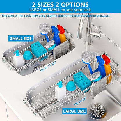 Over The Kitchen Sink Caddy Sponge Holder Organizer Drying Rack Expandable for Sponge Brush Soap Dish Cloth Rag, Stainless Steel (12.25" to 17.25") - Image 4