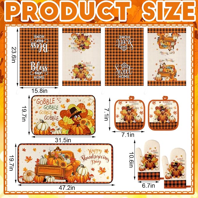 Fanfanwin 10 Pcs Fall Thanksgiving Turkey Kitchen Decor Set Kitchen Towels Pot Holders Oven Mitts and Rugs Set Thanksgiving Towels for Baking Cooking BBQ Autumn Home