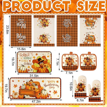 Fanfanwin 10 Pcs Fall Thanksgiving Turkey Kitchen Decor Set Kitchen Towels Pot Holders Oven Mitts and Rugs Set Thanksgiving Towels for Baking Cooking BBQ Autumn Home