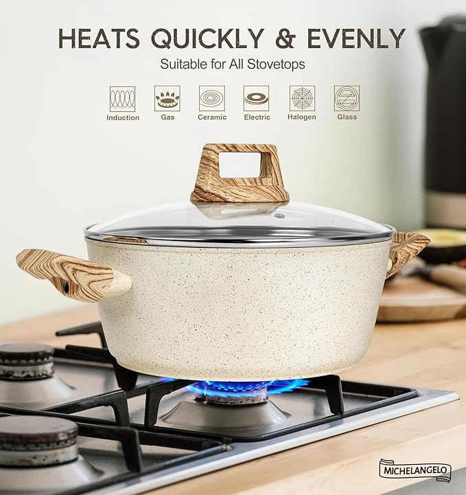 MICHELANGELO 4.3 Quart Nonstick Soup Pot with Lid, Non-Toxic Granite Coating, Induction Compatible, Non Stick Pot for Cooking with Stay-cool Handles, White - Image 4
