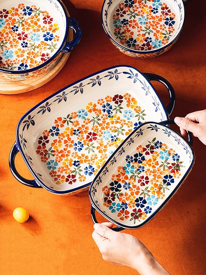 Colorful Cherry Blossom Flowers Vintage Style Ceramic Bakeware Dish Casserole Dish Baking Pan Lasagna Pans with Handles for Oven/Cooking/Kitchen, 1 PCS, 20 oz - Image 5