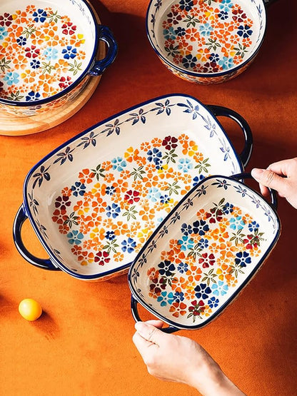 Colorful Cherry Blossom Flowers Vintage Style Ceramic Bakeware Dish Casserole Dish Baking Pan Lasagna Pans with Handles for Oven/Cooking/Kitchen, 1 PCS, 60 oz - Image 5