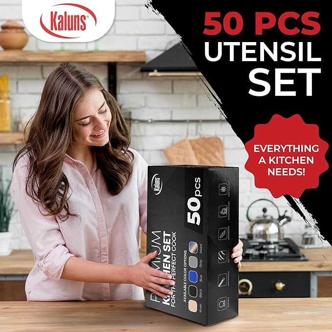 Kaluns 50 PCS Silicone Kitchen Utensils Set Complete Kitchen Set - 800°F Heat Resistant Non-Stick Premium Cooking Utensils W Wooden Handles - Can Opener, Masher, Turner, Silicone Spatula Set - Image 4