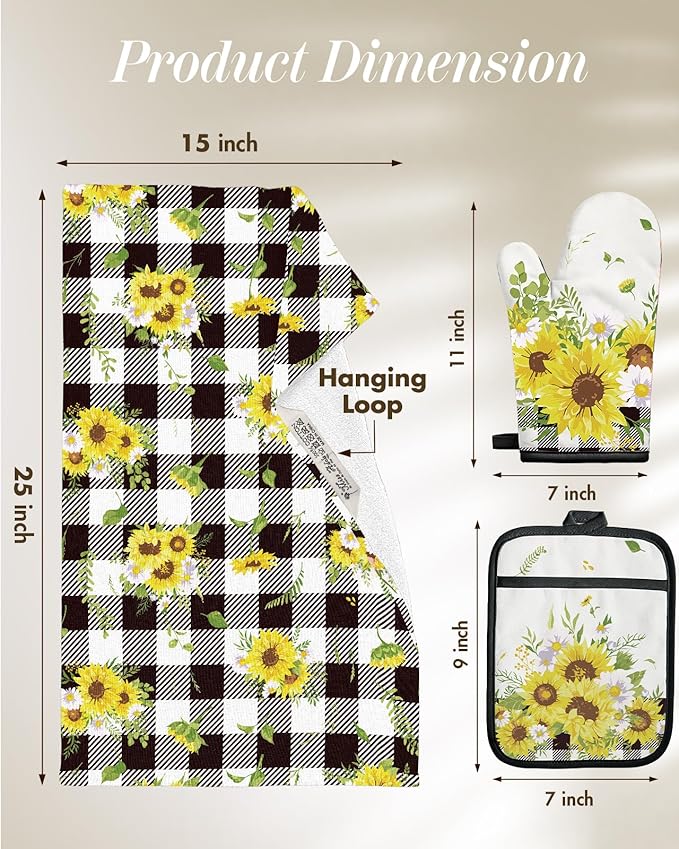 Miss Adola 270 GSM Cotton Kitchen Towels, Oven Mitt and Pot Holder - 4 Pack Kitchen Decor and Accessories Set Cute Farmhouse Boho Quilted Lining Heat Resistant Set with Hanging Loop, Plaid Sunflower - Image 5