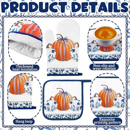 Fanfanwin 10 Pcs Thanksgiving Pumpkin Kitchen Decor Set Kitchen Towels Pot Holders Oven Mitts and Rugs Set Blue and White Porcelain Decor for Baking Cooking BBQ Home